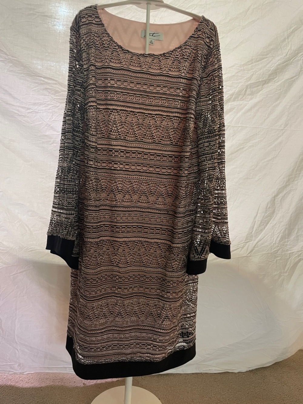Soho Black and Blush Lace-Overlay Long-Sleeve Shift Dress